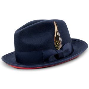 MONTIQUE Navy 2 3/8 Brim Red Bottom Wool Felt Hat H-75